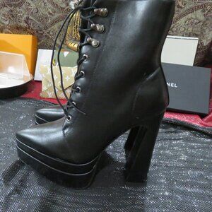 Pasuot Black Patent Gothic Stacked Platform Chunky High Heel Lace Up Boots sz 40